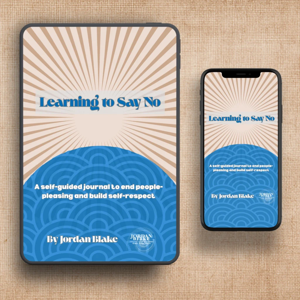 a tablet and a smartphone displaying the cover of the digital journal Learning to Say No by author Jordan Blake