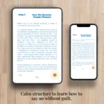 a tablet and a smartphone displaying step 1 of the digital journal Learning to Say No by author Jordan Blake