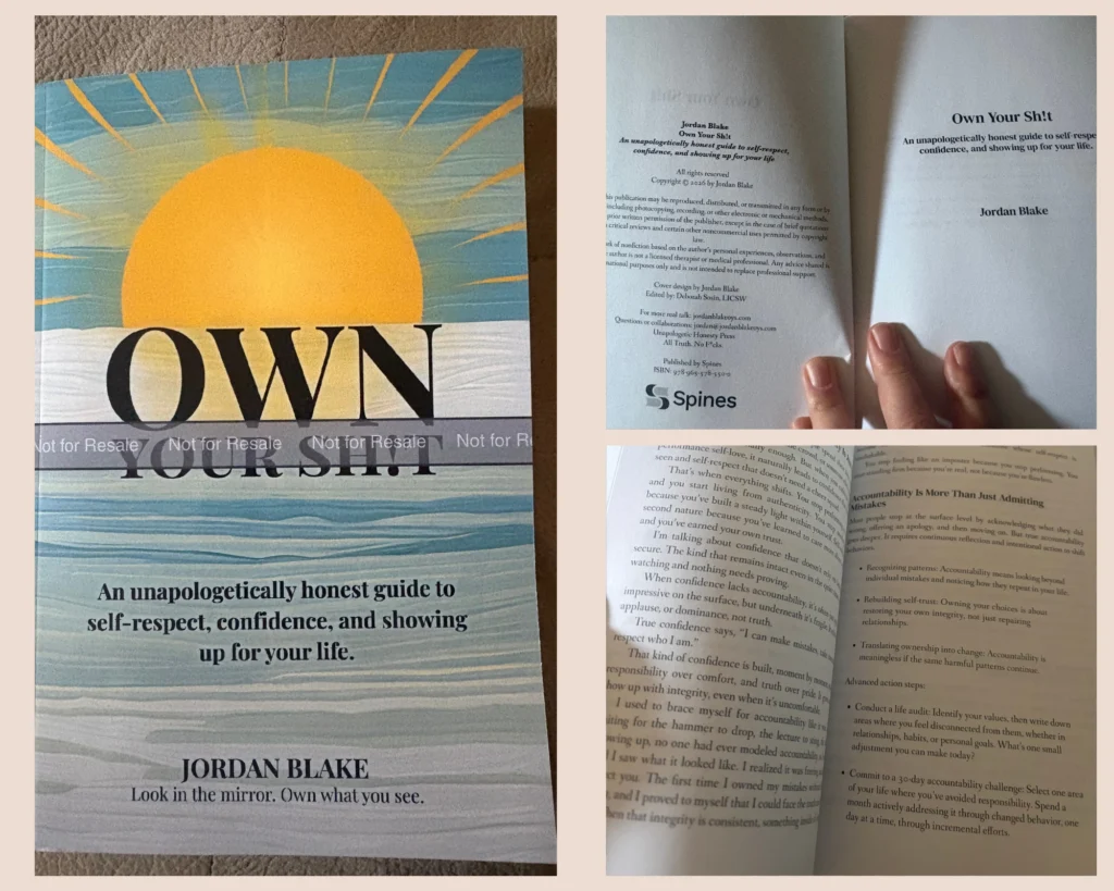 photo collage of the Own Your Sh!t book by author Jordan Blake and some of its pages