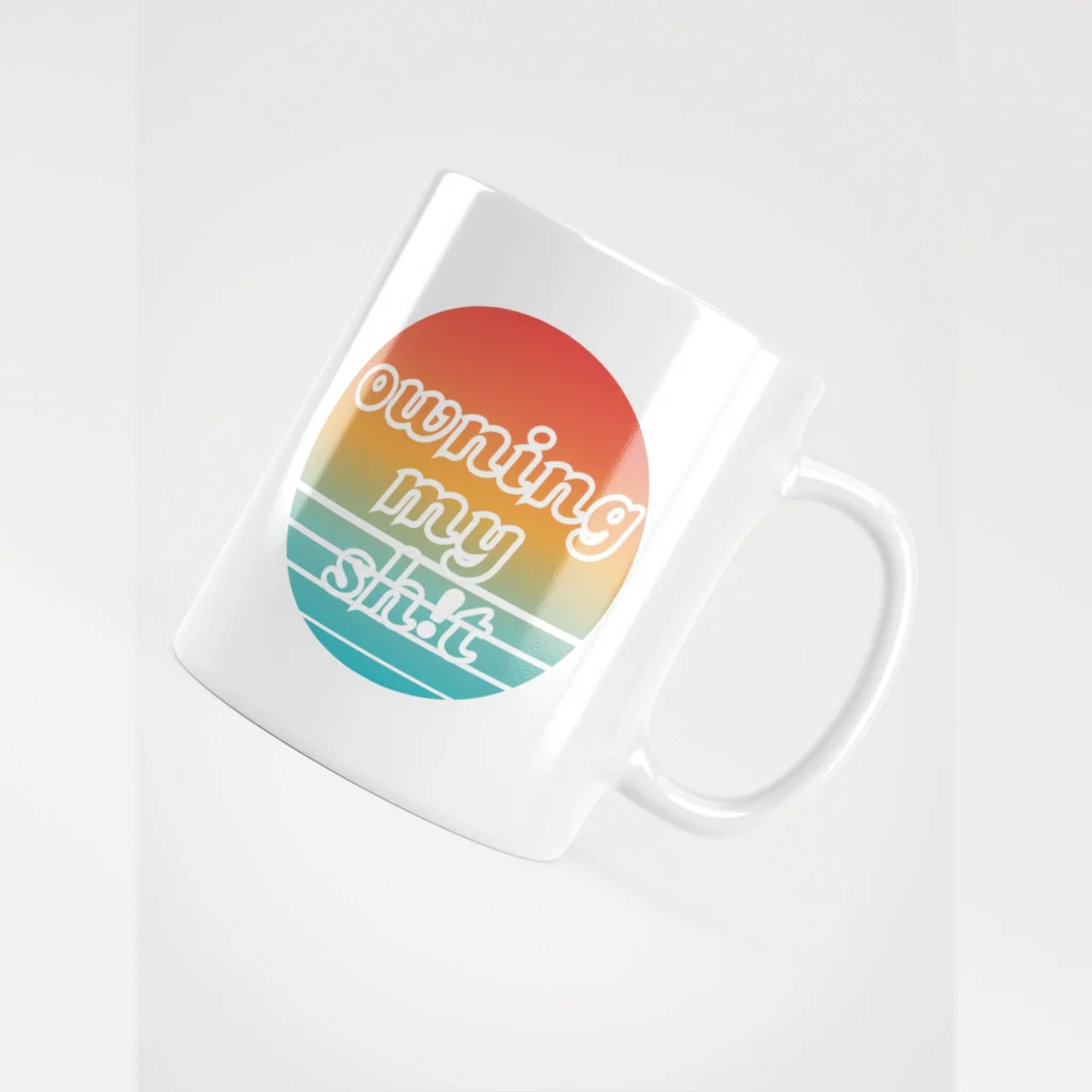 Owning My Sh!t signature sunrise white mug with multicolored graphic censored edition