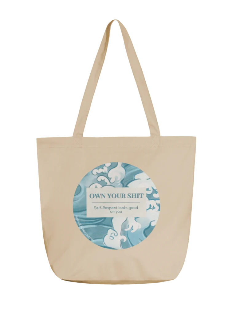 Self-respect circle tote 2 beige canvas tote bag with own your shit self-respect looks good on you design by author Jordan Blake