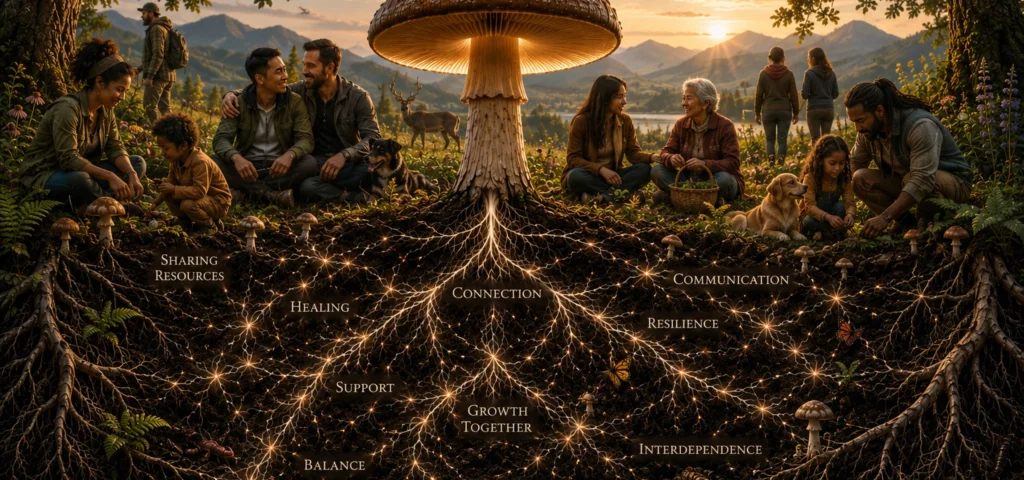 Mushroom-Forest-Hero-2560x1201 Mushroom forest with glowing mycelium with people and animals connected in nature
